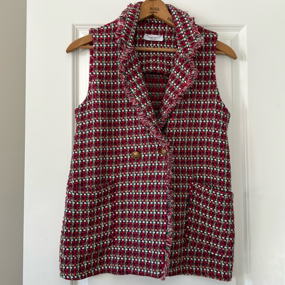 Giorgia Giannini Tweed Vest w Collar, Fringe, Gold Buttons & Pockets Sz Lg Italy